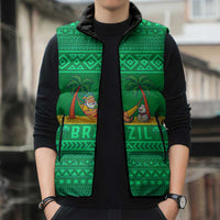 Brazil Christmas Sleeveless Puffer Jacket with Santa Relaxing in Hammock Palm Trees Snowman and Tribal Pattern Design - Wonder Print Shop