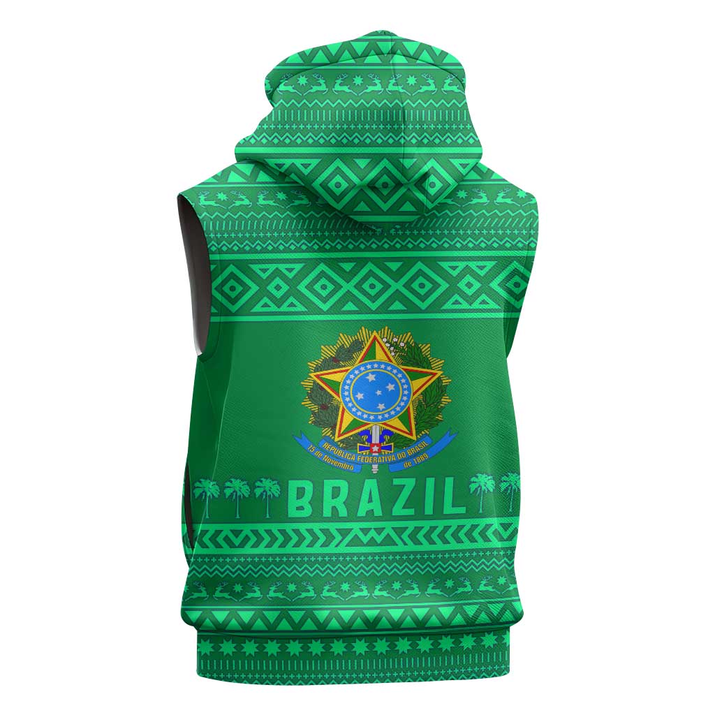 Brazil Christmas Sleeveless Zip Hoodie with Santa Relaxing in Hammock Palm Trees Snowman and Tribal Pattern Design - Wonder Print Shop