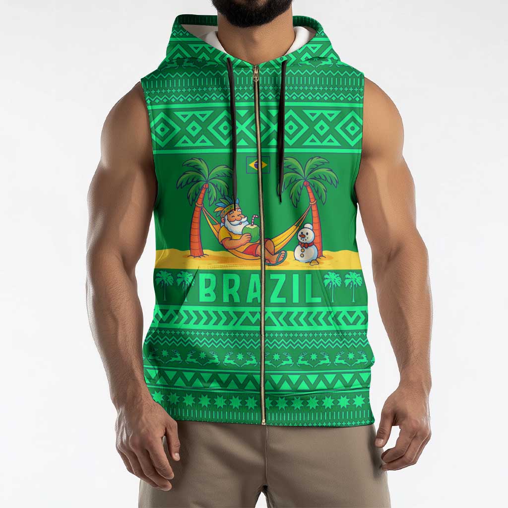Brazil Christmas Sleeveless Zip Hoodie with Santa Relaxing in Hammock Palm Trees Snowman and Tribal Pattern Design - Wonder Print Shop