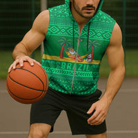 Brazil Christmas Sleeveless Zip Hoodie with Santa Relaxing in Hammock Palm Trees Snowman and Tribal Pattern Design - Wonder Print Shop