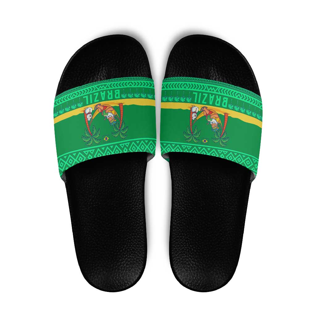 Brazil Christmas Slide Sandals with Santa Relaxing in Hammock Palm Trees Snowman and Tribal Pattern Design - Wonder Print Shop