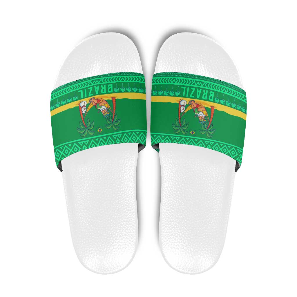 Brazil Christmas Slide Sandals with Santa Relaxing in Hammock Palm Trees Snowman and Tribal Pattern Design - Wonder Print Shop