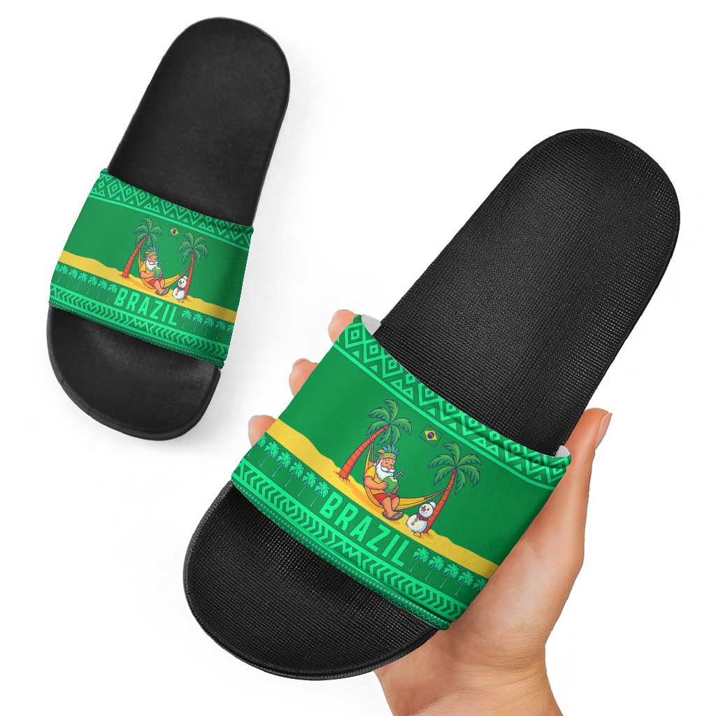 Brazil Christmas Slide Sandals with Santa Relaxing in Hammock Palm Trees Snowman and Tribal Pattern Design - Wonder Print Shop
