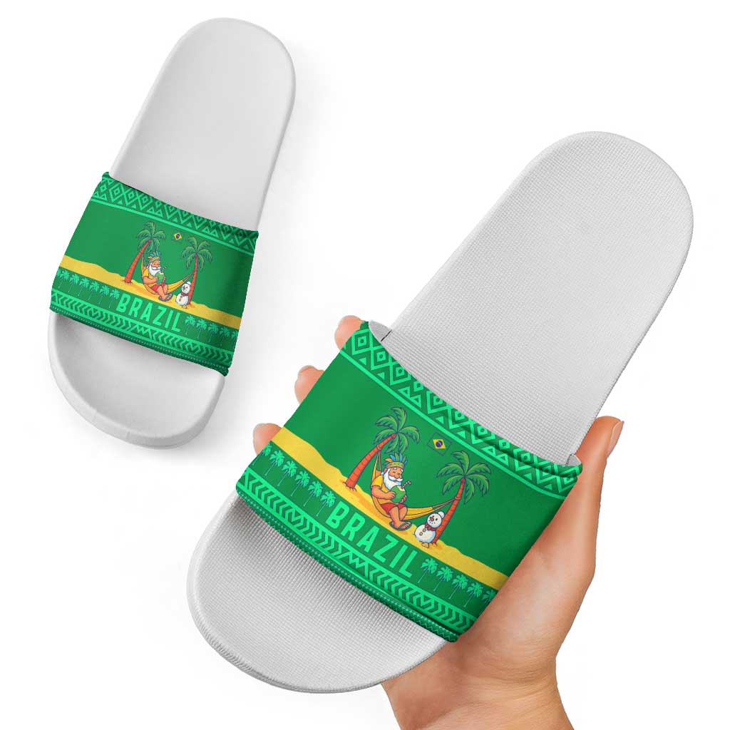 Brazil Christmas Slide Sandals with Santa Relaxing in Hammock Palm Trees Snowman and Tribal Pattern Design - Wonder Print Shop