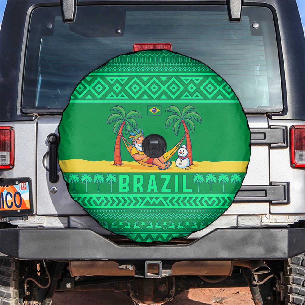 Brazil Christmas Spare Tire Cover with Santa Relaxing in Hammock Palm Trees Snowman and Tribal Pattern Design - Wonder Print Shop