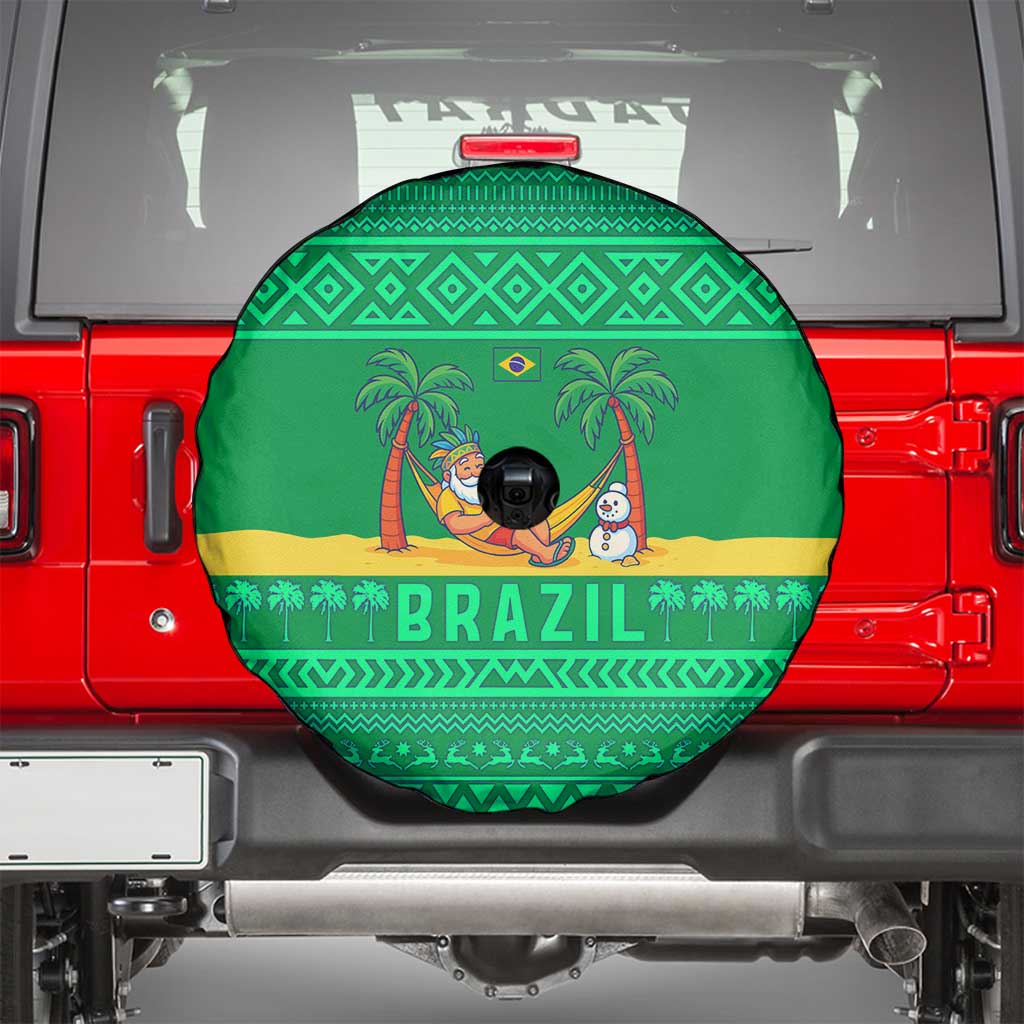 Brazil Christmas Spare Tire Cover with Santa Relaxing in Hammock Palm Trees Snowman and Tribal Pattern Design - Wonder Print Shop