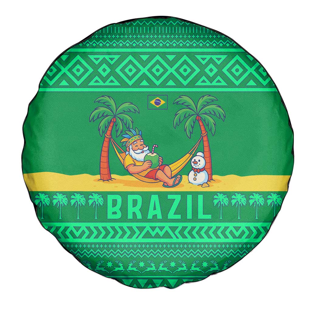 Brazil Christmas Spare Tire Cover with Santa Relaxing in Hammock Palm Trees Snowman and Tribal Pattern Design - Wonder Print Shop