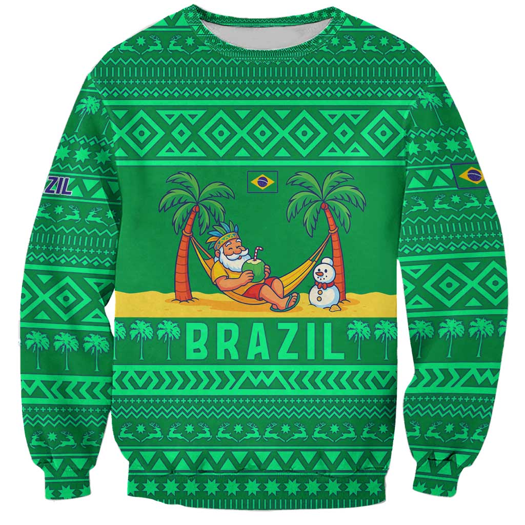 Brazil Christmas Sweatshirt with Santa Relaxing in Hammock Palm Trees Snowman and Tribal Pattern Design - Wonder Print Shop