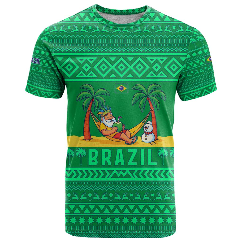 Brazil Christmas T Shirt with Santa Relaxing in Hammock Palm Trees Snowman and Tribal Pattern Design - Wonder Print Shop