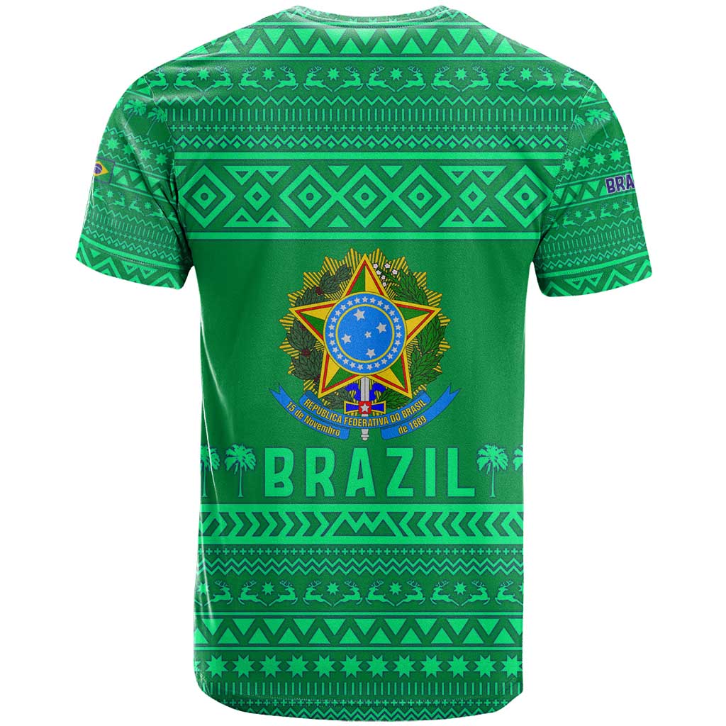 Brazil Christmas T Shirt with Santa Relaxing in Hammock Palm Trees Snowman and Tribal Pattern Design - Wonder Print Shop