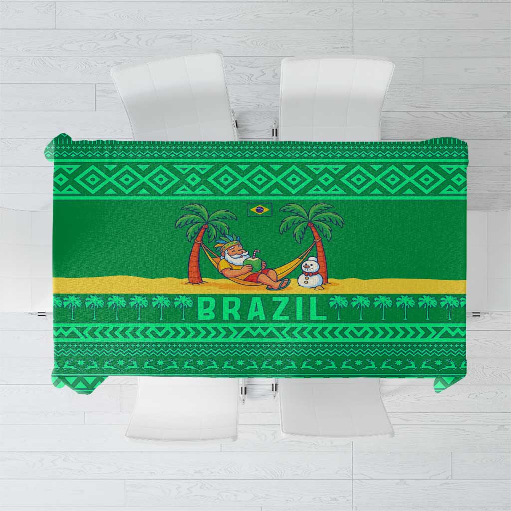 Brazil Christmas Tablecloth with Santa Relaxing in Hammock Palm Trees Snowman and Tribal Pattern Design - Wonder Print Shop