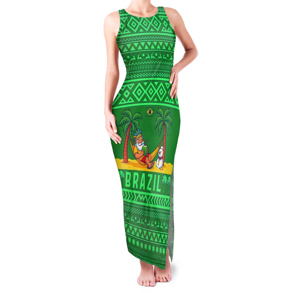 Brazil Christmas Tank Maxi Dress with Santa Relaxing in Hammock Palm Trees Snowman and Tribal Pattern Design - Wonder Print Shop