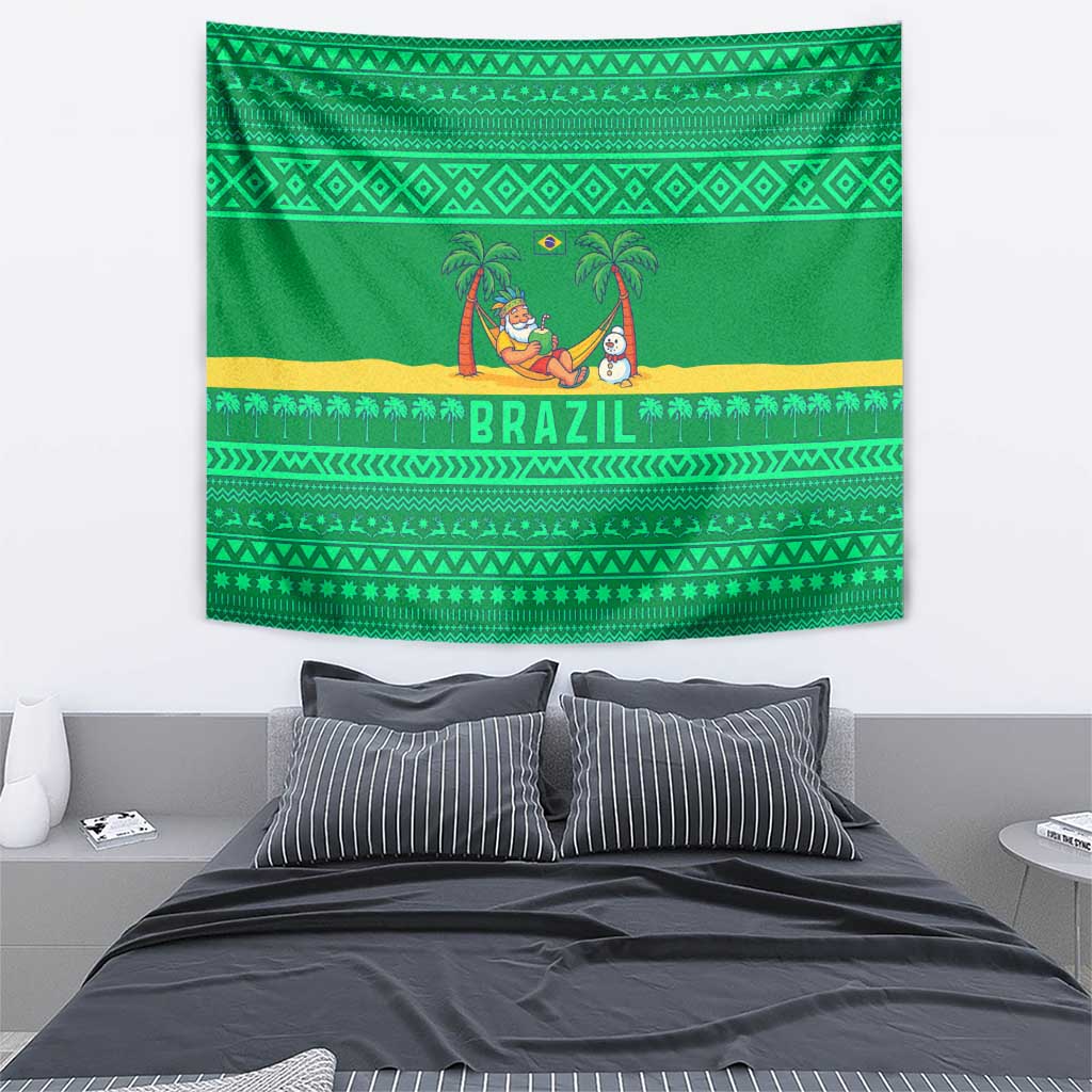 Brazil Christmas Tapestry with Santa Relaxing in Hammock Palm Trees Snowman and Tribal Pattern Design - Wonder Print Shop