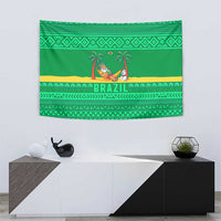 Brazil Christmas Tapestry with Santa Relaxing in Hammock Palm Trees Snowman and Tribal Pattern Design - Wonder Print Shop