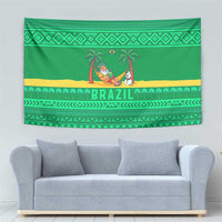 Brazil Christmas Tapestry with Santa Relaxing in Hammock Palm Trees Snowman and Tribal Pattern Design - Wonder Print Shop