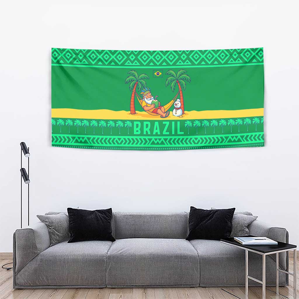 Brazil Christmas Tapestry with Santa Relaxing in Hammock Palm Trees Snowman and Tribal Pattern Design - Wonder Print Shop