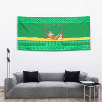 Brazil Christmas Tapestry with Santa Relaxing in Hammock Palm Trees Snowman and Tribal Pattern Design - Wonder Print Shop