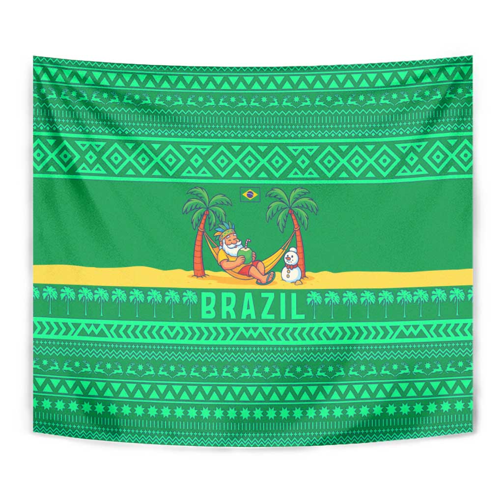 Brazil Christmas Tapestry with Santa Relaxing in Hammock Palm Trees Snowman and Tribal Pattern Design - Wonder Print Shop