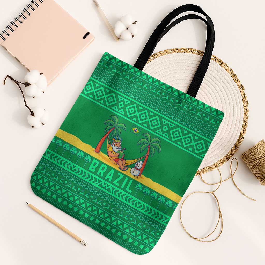 Brazil Christmas Tote Bag with Santa Relaxing in Hammock Palm Trees Snowman and Tribal Pattern Design - Wonder Print Shop