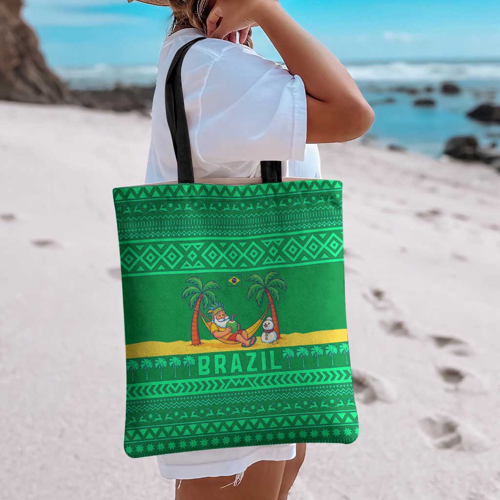 Brazil Christmas Tote Bag with Santa Relaxing in Hammock Palm Trees Snowman and Tribal Pattern Design - Wonder Print Shop