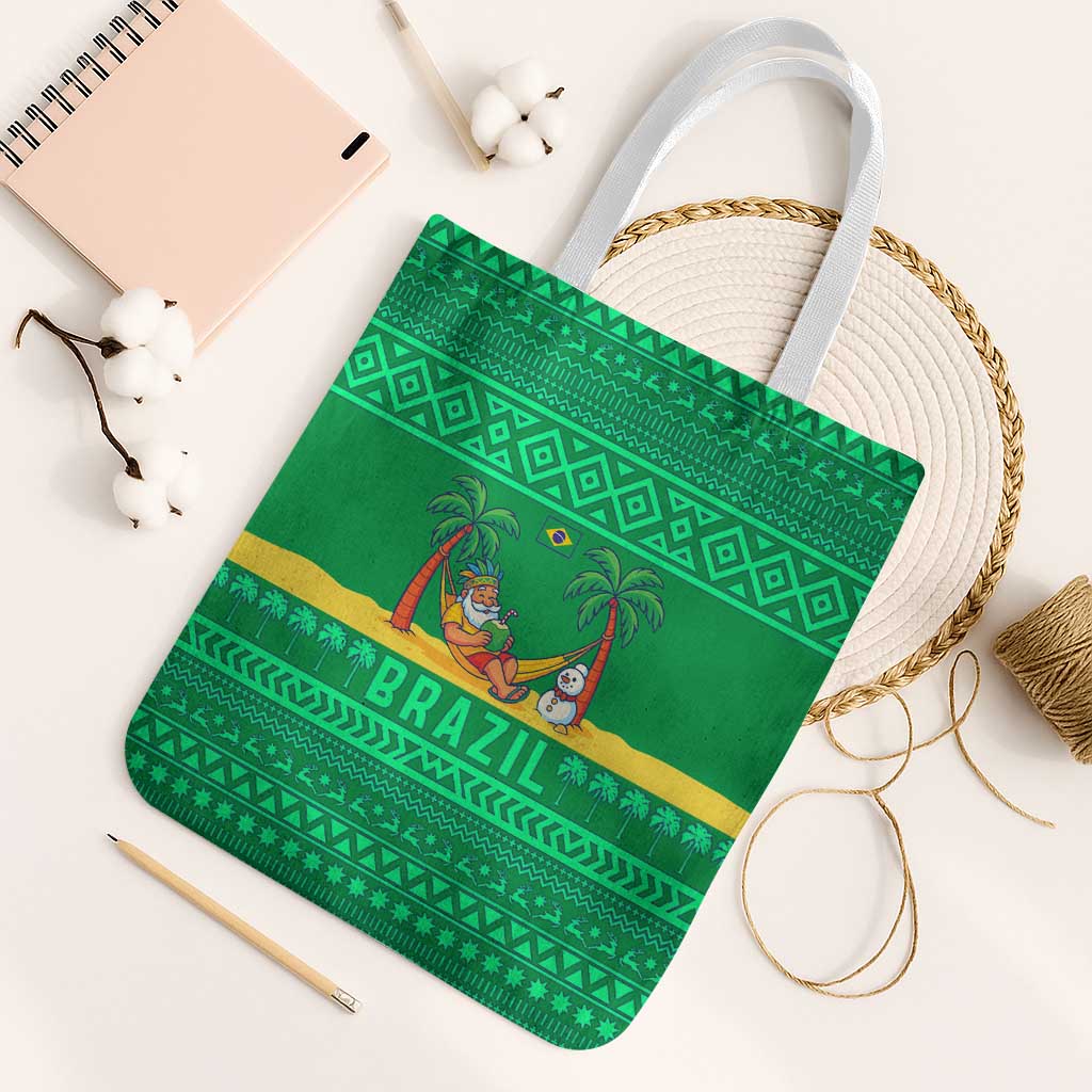 Brazil Christmas Tote Bag with Santa Relaxing in Hammock Palm Trees Snowman and Tribal Pattern Design - Wonder Print Shop