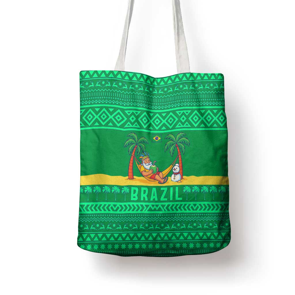 Brazil Christmas Tote Bag with Santa Relaxing in Hammock Palm Trees Snowman and Tribal Pattern Design - Wonder Print Shop