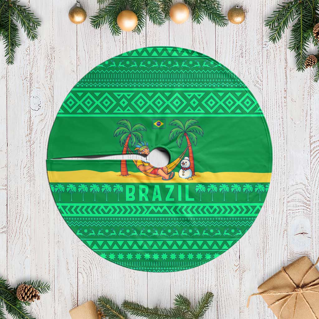 Brazil Christmas Tree Skirt with Santa Relaxing in Hammock Palm Trees Snowman and Tribal Pattern Design - Wonder Print Shop
