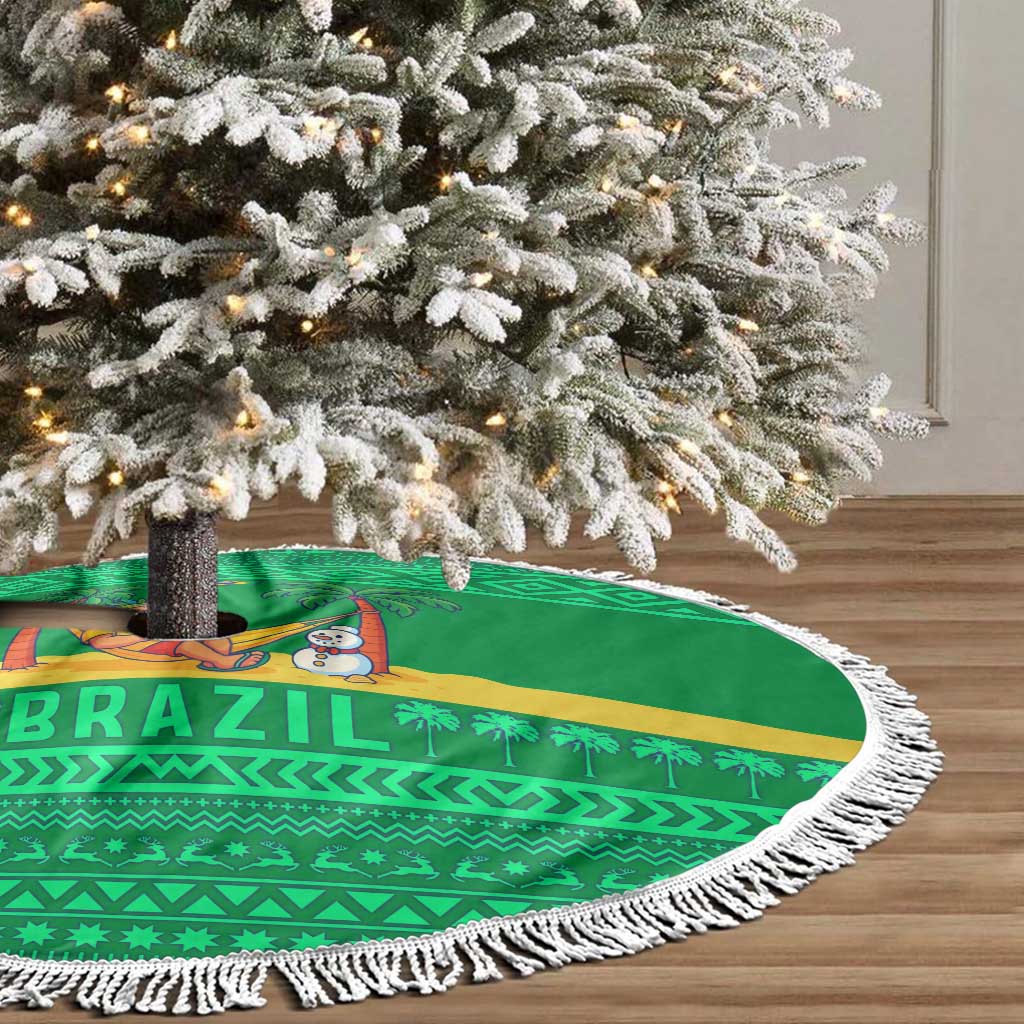 Brazil Christmas Tree Skirt with Santa Relaxing in Hammock Palm Trees Snowman and Tribal Pattern Design - Wonder Print Shop