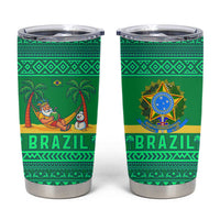 Brazil Christmas Tumbler Cup with Santa Relaxing in Hammock Palm Trees Snowman and Tribal Pattern Design - Wonder Print Shop