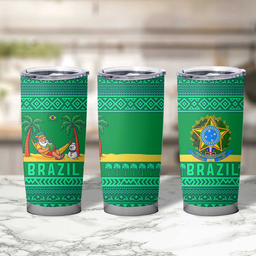 Brazil Christmas Tumbler Cup with Santa Relaxing in Hammock Palm Trees Snowman and Tribal Pattern Design - Wonder Print Shop