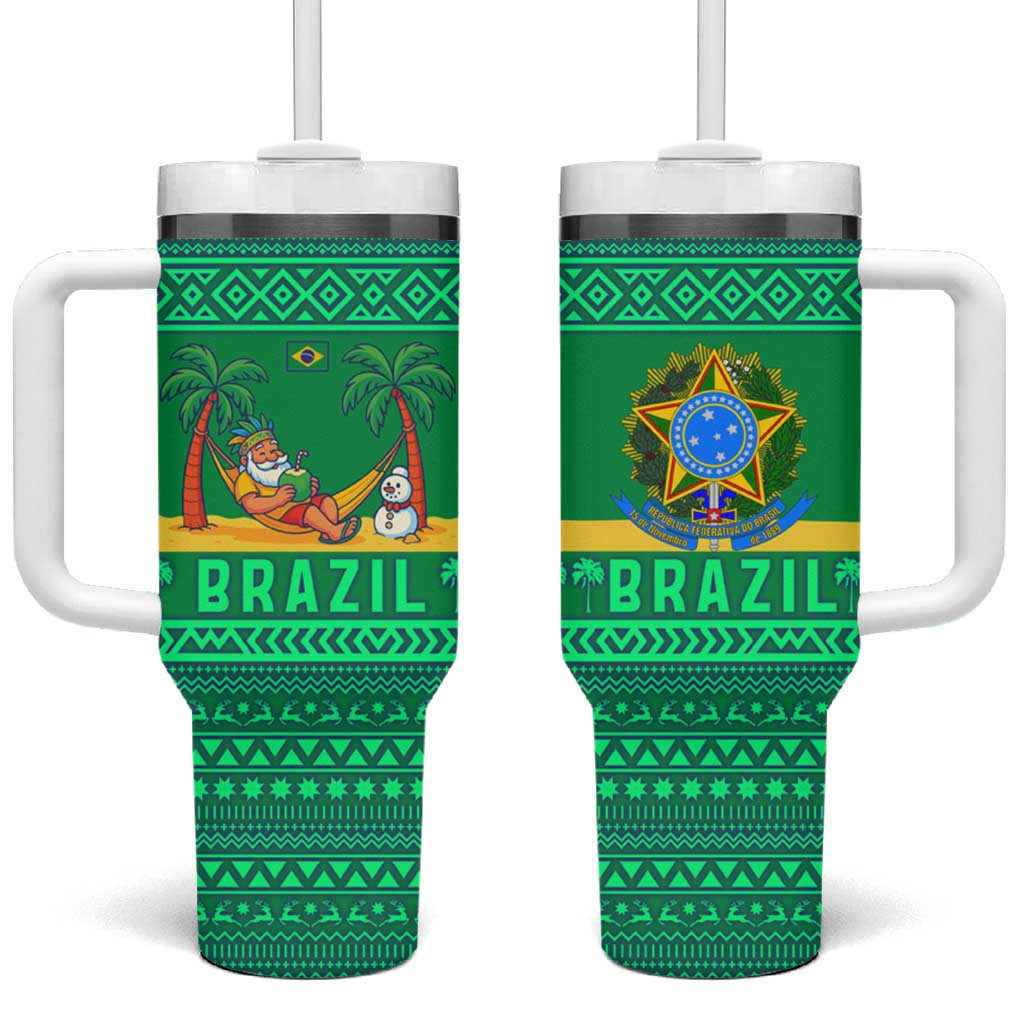 Brazil Christmas Tumbler With Handle with Santa Relaxing in Hammock Palm Trees Snowman and Tribal Pattern Design - Wonder Print Shop