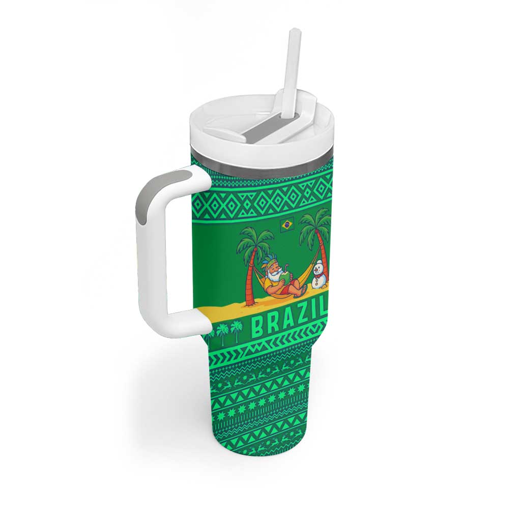 Brazil Christmas Tumbler With Handle with Santa Relaxing in Hammock Palm Trees Snowman and Tribal Pattern Design - Wonder Print Shop