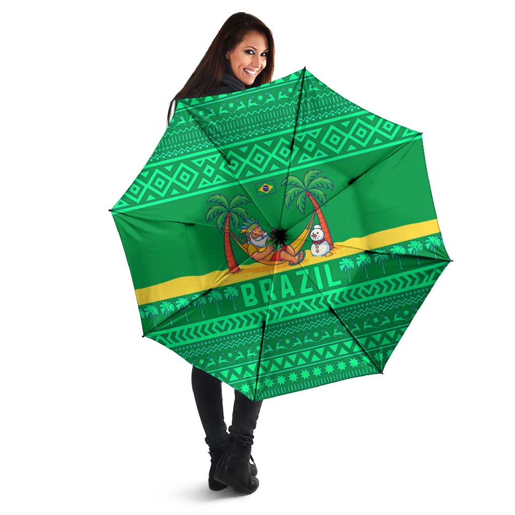 Brazil Christmas Umbrella with Santa Relaxing in Hammock Palm Trees Snowman and Tribal Pattern Design - Wonder Print Shop