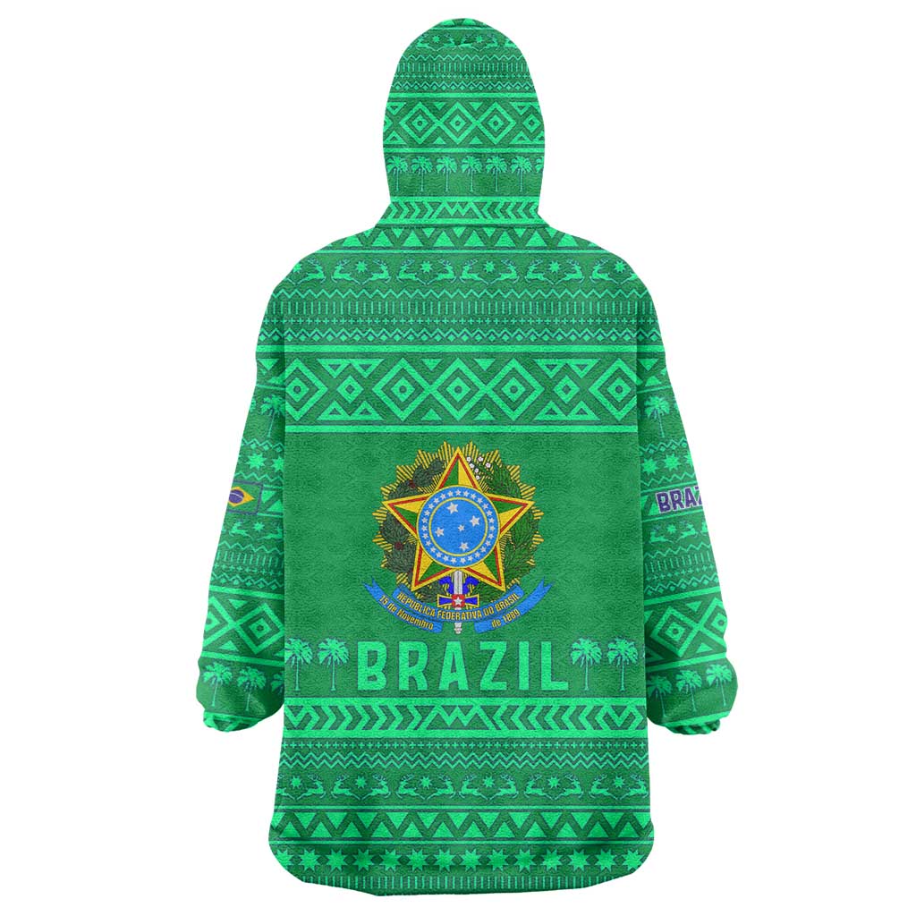 Brazil Christmas Wearable Blanket Hoodie with Santa Relaxing in Hammock Palm Trees Snowman and Tribal Pattern Design - Wonder Print Shop