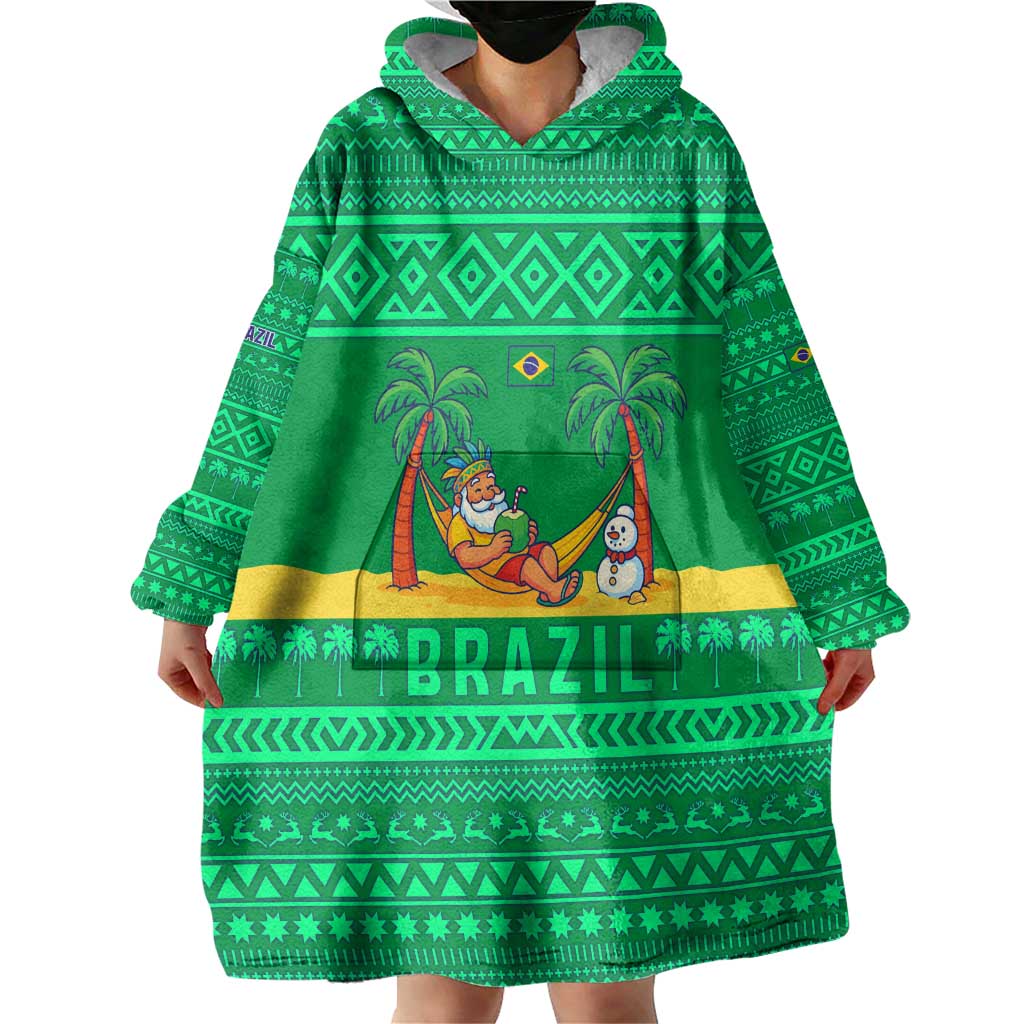 Brazil Christmas Wearable Blanket Hoodie with Santa Relaxing in Hammock Palm Trees Snowman and Tribal Pattern Design - Wonder Print Shop