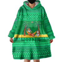 Brazil Christmas Wearable Blanket Hoodie with Santa Relaxing in Hammock Palm Trees Snowman and Tribal Pattern Design - Wonder Print Shop