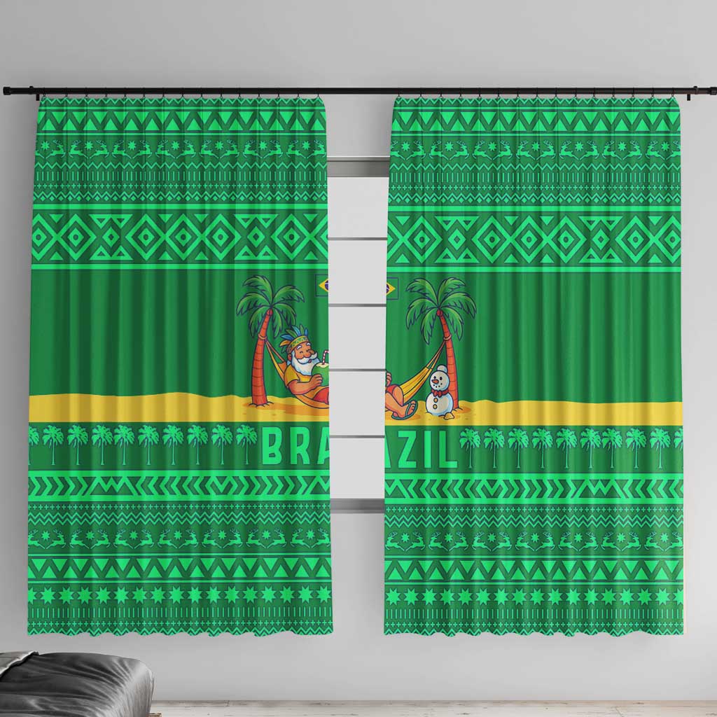 Brazil Christmas Window Curtain with Santa Relaxing in Hammock Palm Trees Snowman and Tribal Pattern Design - Wonder Print Shop