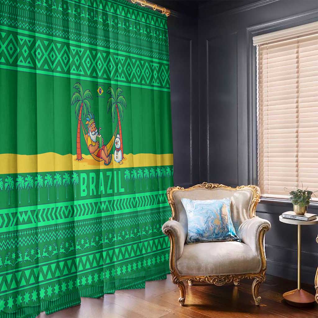 Brazil Christmas Window Curtain with Santa Relaxing in Hammock Palm Trees Snowman and Tribal Pattern Design - Wonder Print Shop