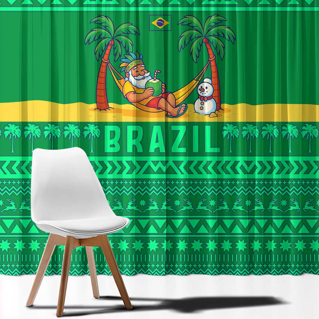 Brazil Christmas Window Curtain with Santa Relaxing in Hammock Palm Trees Snowman and Tribal Pattern Design - Wonder Print Shop