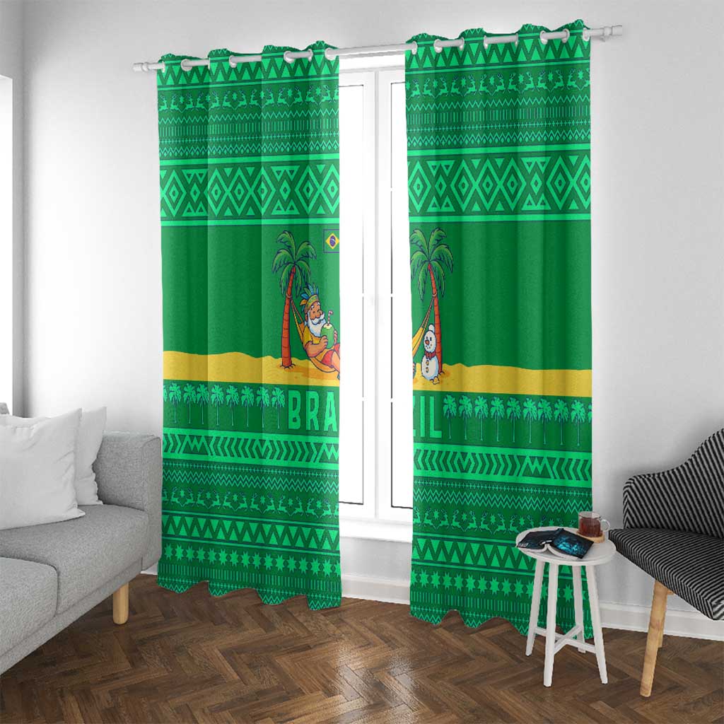 Brazil Christmas Window Curtain with Santa Relaxing in Hammock Palm Trees Snowman and Tribal Pattern Design - Wonder Print Shop