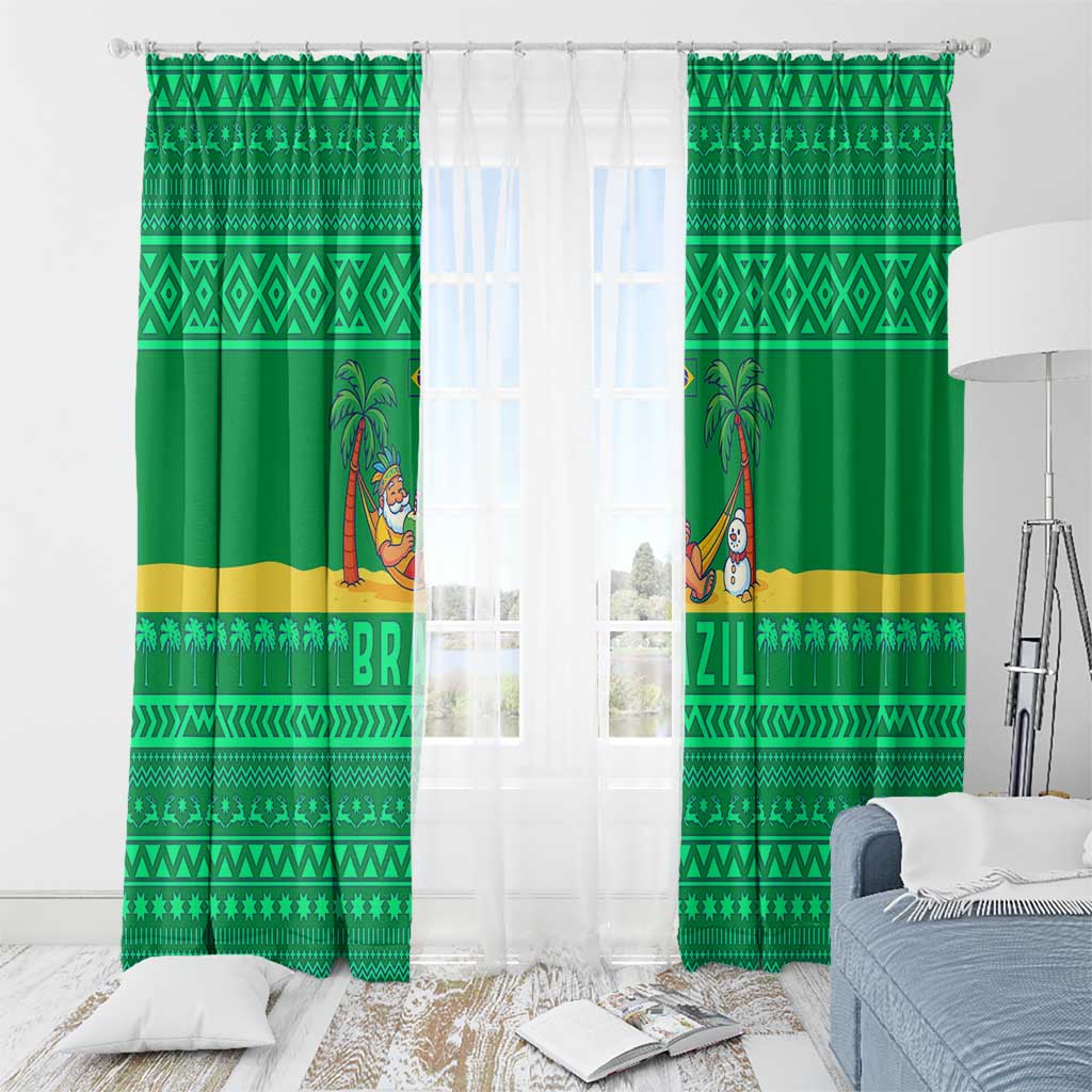 Brazil Christmas Window Curtain with Santa Relaxing in Hammock Palm Trees Snowman and Tribal Pattern Design - Wonder Print Shop
