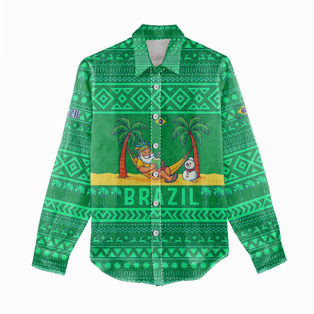 Brazil Christmas Women Casual Shirt with Santa Relaxing in Hammock Palm Trees Snowman and Tribal Pattern Design - Wonder Print Shop