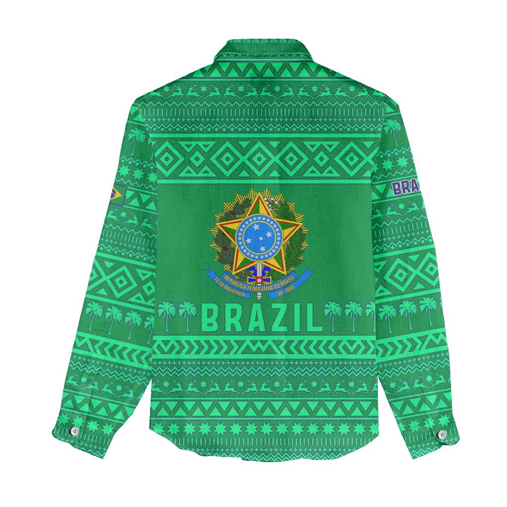 Brazil Christmas Women Casual Shirt with Santa Relaxing in Hammock Palm Trees Snowman and Tribal Pattern Design - Wonder Print Shop