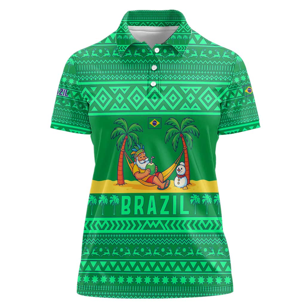 Brazil Christmas Women Polo Shirt with Santa Relaxing in Hammock Palm Trees Snowman and Tribal Pattern Design - Wonder Print Shop