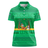 Brazil Christmas Women Polo Shirt with Santa Relaxing in Hammock Palm Trees Snowman and Tribal Pattern Design - Wonder Print Shop