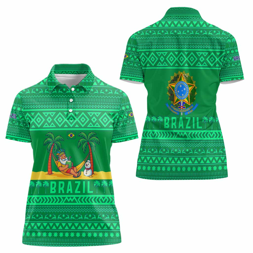 Brazil Christmas Women Polo Shirt with Santa Relaxing in Hammock Palm Trees Snowman and Tribal Pattern Design - Wonder Print Shop