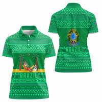 Brazil Christmas Women Polo Shirt with Santa Relaxing in Hammock Palm Trees Snowman and Tribal Pattern Design - Wonder Print Shop