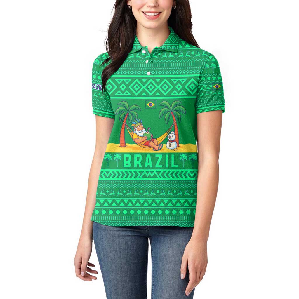Brazil Christmas Women Polo Shirt with Santa Relaxing in Hammock Palm Trees Snowman and Tribal Pattern Design - Wonder Print Shop