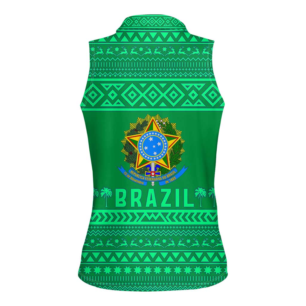 Brazil Christmas Women Sleeveless Polo Shirt with Santa Relaxing in Hammock Palm Trees Snowman and Tribal Pattern Design - Wonder Print Shop