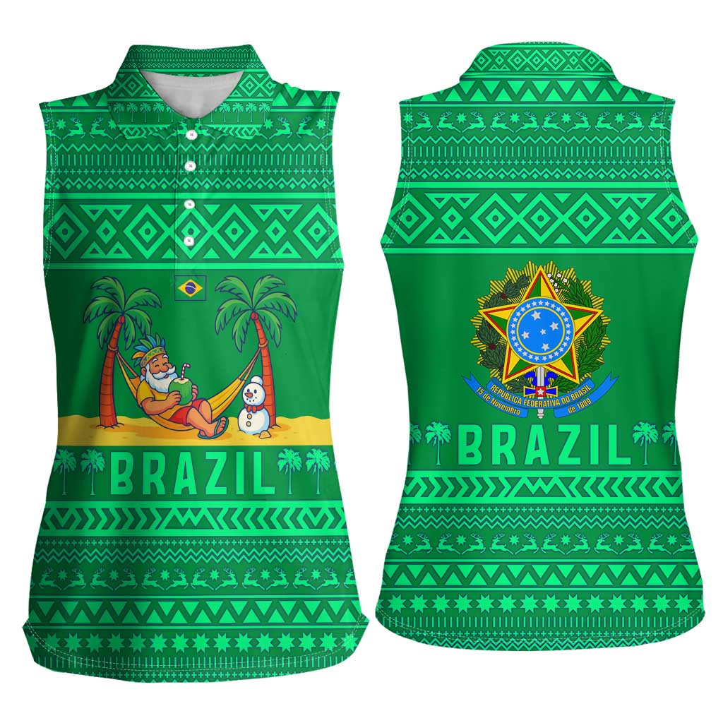 Brazil Christmas Women Sleeveless Polo Shirt with Santa Relaxing in Hammock Palm Trees Snowman and Tribal Pattern Design - Wonder Print Shop